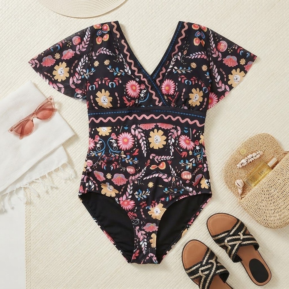 NWT BloomChic Floral Flutter Sleeve One Piece Swimsuit Black V-Neck US 14-16